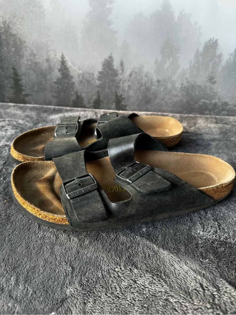 Birkenstock Arizona Two-Strap Suede Sandals in Charcoal Gray